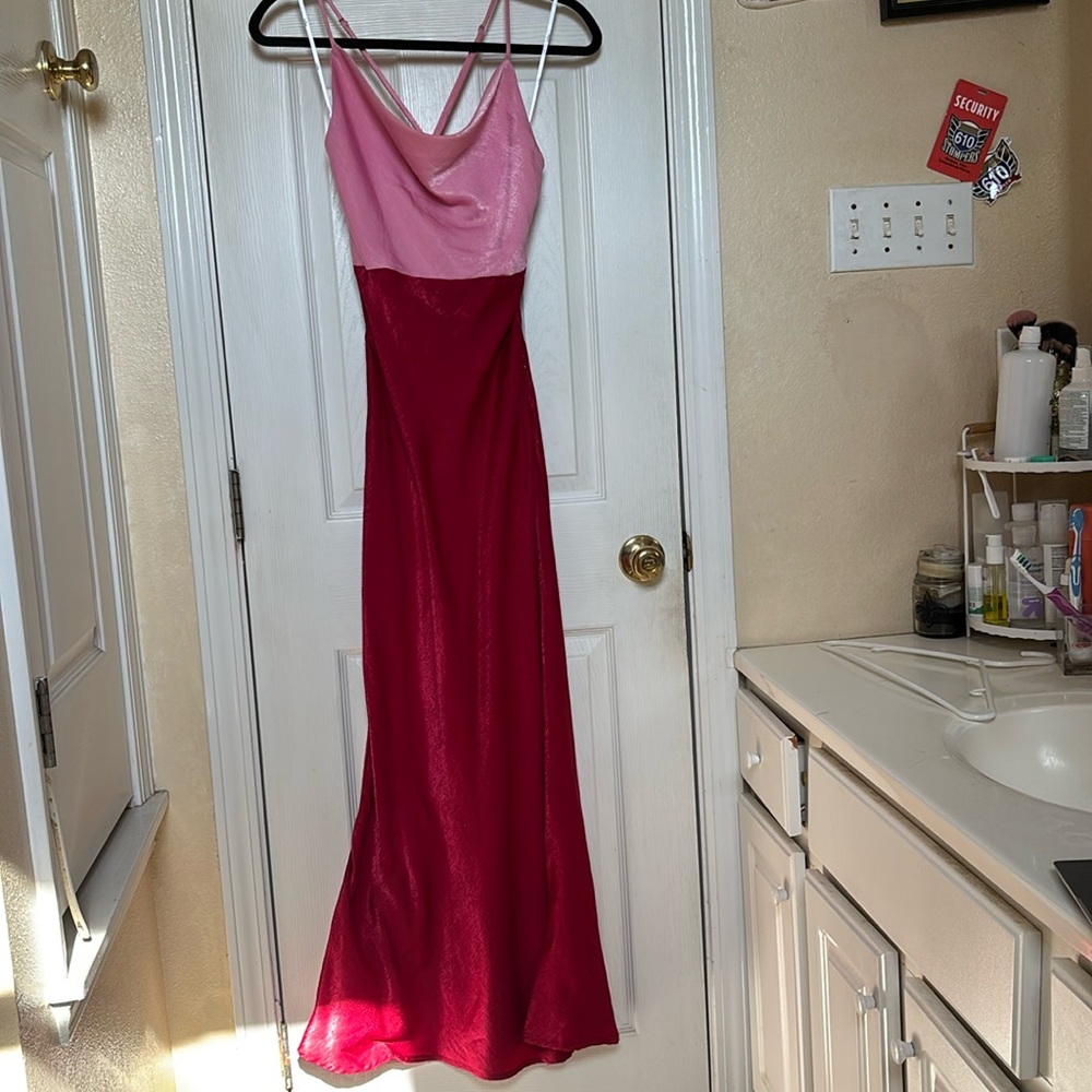 Colorblocked pink and red maxi dress